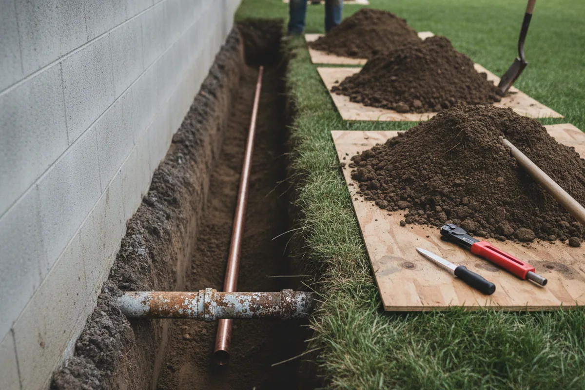Excavated water line trench during Water Heater Repair in Alpine